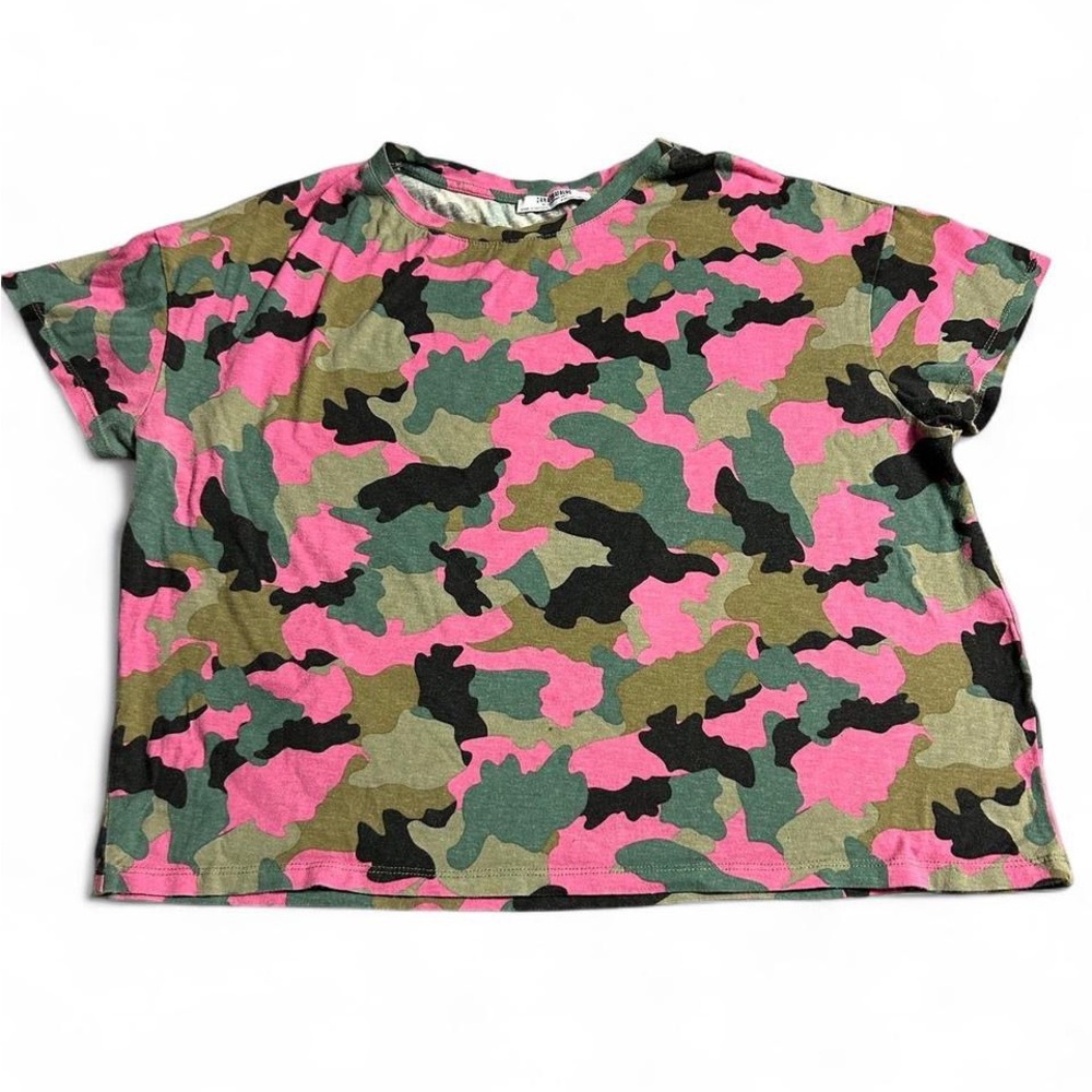 ZARA TRAFALUC CAMO CROPPED TOP PINK GREEN SIZE SMALL SHORT SLEEVE